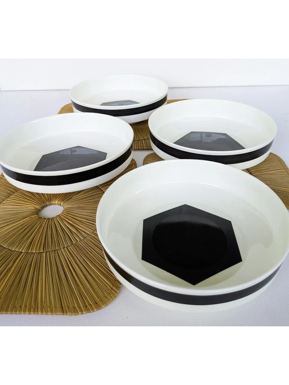 True Vintage Black & White Geometric Bone China Bowls, Mikasa Bakota, late 1970s